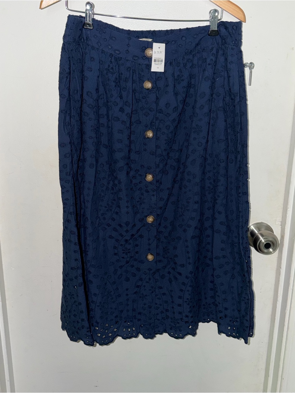 LOFT Navy Eyelet Button-Front Midi Skirt